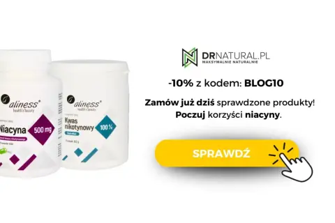 Dwa opakowania suplementu diety Aliness: Niacyna 500 mg (w kapsułkach) i Kwas nikotynowy (proszek). Witamina B3 dla Twojego zdrowia.