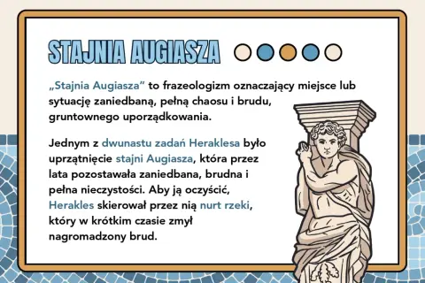 Ilustracja przedstawia antyczną rzeźbę Heraklesa na tle tekstu o "Stajni Augiasza".