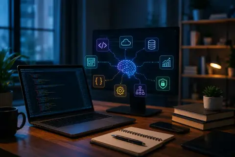 Laptop z kodem, monitor z ikonami symbolizującymi języki programowania, dane, bezpieczeństwo i rozwój.