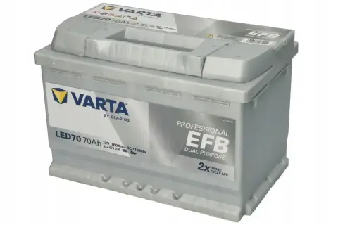 Akumulator Varta LED70 70Ah EFB Professional, z podwyższoną pojemnością akumulatora i dwukrotnie dłuższą żywotnością cykliczną.