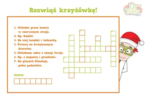 Rozwiąż świąteczne krzyżówki! Wesoła zabawa z Mikołajem i podpowiedziami do hasła.