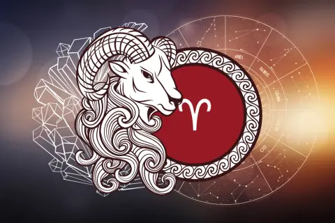 Symbol ♈, głowa barana i koło zodiaku. 14.04 znak zodiaku.