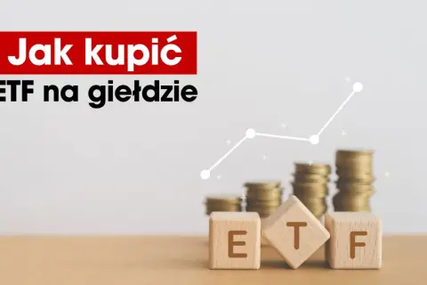 Jak kupić ETF na giełdzie? Grafika z kostkami ETF, stosami monet i wykresem wzrostu.