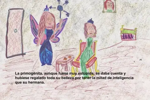 Dos princesas, una con alas y copete, otra sentada. La de alas, riquete el del copete, parece más feliz.