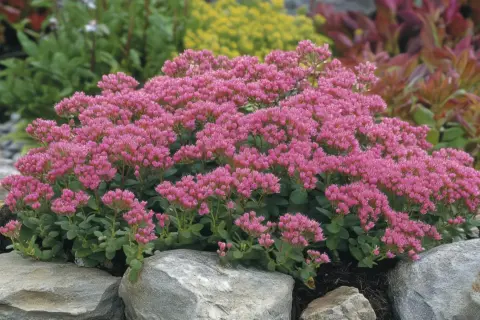 Ein Teppich aus rosa Blüten, typisch für Fetthenne Arten, wächst zwischen grauen Steinen.