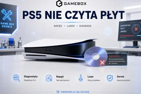Konsola PS5 obok płyty z błędem odczytu, ikony diagnostyki, napędu, lasera i serwisu.