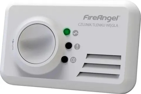 Biały czujnik tlenku węgla FireAngel SCB10-INT z dużym przyciskiem testowym i wskaźnikami LED.