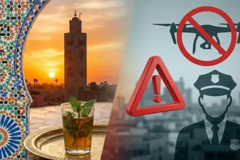 Maroko: zakaz dronów i ostrzeżenie przed wywożeniem pewnych przedmiotów. Piękny zachód słońca nad meczetem i tradycyjna herbata.