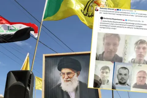 Irak: aresztowania szpiegów z polskimi paszportami. Czy w Iraku jest bezpiecznie? Flagi i portret przywódcy.