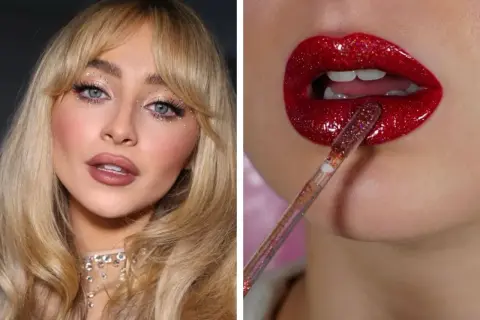 Maquillage yeux Noël facile : paillettes scintillantes sur les paupières et lèvres rouges brillantes pour un look festif.