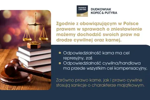 Prawo cywilne i karne chronią przed zniesławieniem. Waga i młotek sędziowski symbolizują sprawiedliwość i dochodzenie praw.