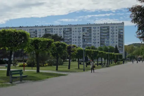 Spacerem po Gdańsku Żabiance, wzdłuż alei drzew i zieleni, podziwiając architekturę bloków mieszkalnych.