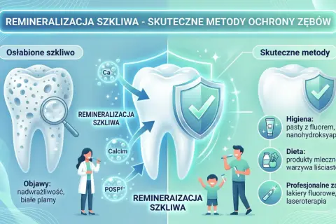 Ilustracja pokazuje proces remineralizacji szkliwa. Osłabione szkliwo z widocznymi ubytkami jest leczone za pomocą wapnia i fosforanów. Skuteczne metody obejmują higienę, dietę i zabiegi profesjonalne.