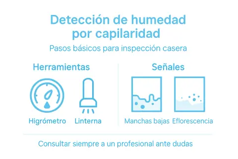 Detección de humedad por capilaridad: herramientas (higrómetro, linterna) y señales (manchas bajas, eflorescencia).