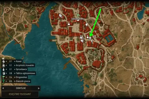 Mapa Toussaint. Zielona strzałka wskazuje drogę do rynsztunku szkoły żmii, niedaleko Rynku Głównego.