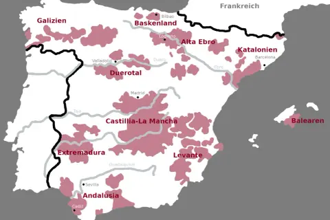 Karte Spaniens mit Anbaugebieten für spanische Rotweinsorten in Regionen wie Rioja, Ribera del Duero und Katalonien.