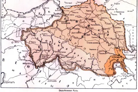 Mapa etnograficzna Galicji z zaznaczonymi miastami i rzekami.