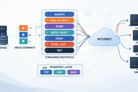 Diagram shows an origin server sending media segments via various streaming protocols like RTSP/RTP, then the internet to devices like laptops and smart TVs.