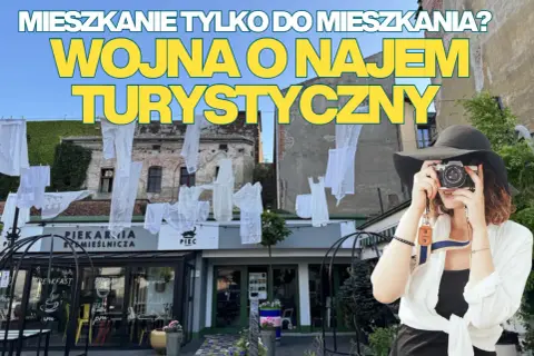 Kobieta z aparatem na tle kamienicy i piekarni. Napisy sugerują debatę o **najem krótkoterminowy** vs. mieszkania dla mieszkańców.