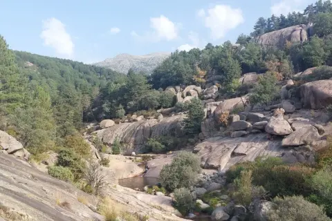 Paisaje rocoso con vegetación y un pequeño río, ideal para **la pedriza rutas**.