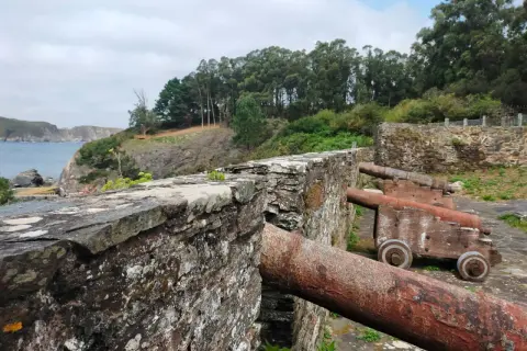 Antiguos cañones apuntan al mar desde el **castillo de la Concepción Cedeira**, rodeado de vegetación y con vistas a la costa.