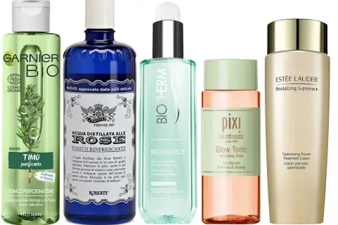 Cinque flaconi di tonico per il viso: Garnier, Roberts, Biotherm, Pixi e Estée Lauder. Cos'è il tonico? Un passo essenziale per una pelle radiosa.