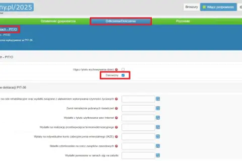 Formularz PIT-36, sekcja "Odliczenia/Doliczenia". Zaznaczona opcja "Darowizny" jako darowizna na cele kultu religijnego.