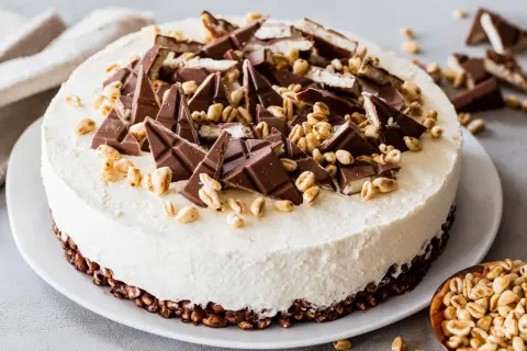 Eine köstliche Kinder Country Torte, verziert mit Schokoladenstücken und gepufftem Getreide.