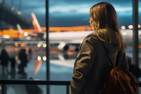 Kobieta z plecakiem patrzy na samolot. Czy lot samolotem to jest się czego bać?