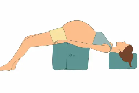 Position pour soulager la douleur ligamentaire grossesse : femme enceinte allongée sur le dos, bassin surélevé de 30 cm.