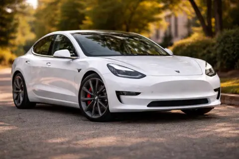 Biały sedan, jeden z popularnych modele samochodów elektrycznych, zaparkowany na tle jesiennych drzew.