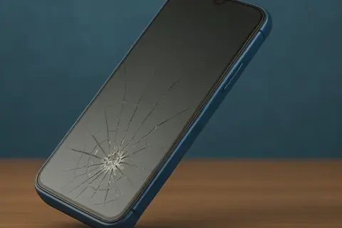 Telefon z pękniętym ekranem, mimo zastosowania folii hydrożelowej, po upadku.