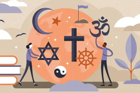 Menschen präsentieren Symbole verschiedener Religionen und Kulturen. Ein friedliches Miteinander von Kultur und Religion.
