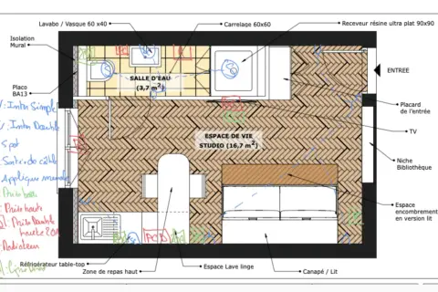 Plan d'un studio avec salle d'eau, espace de vie, et indications pour le prix d'installation électrique d'un appartement.