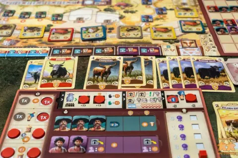 Planszówka Great Western Trail Argentyna z kartami bydła i planszą gracza.