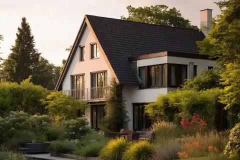 Ein modernes Haus mit Garten. Die Faustregel Kosten Hausbau ist hier gut umgesetzt.