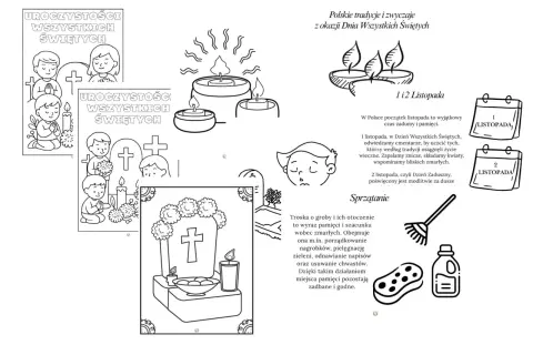 Ilustracje zniczy, dzieci modlących się i nagrobka na Święto Zmarłych.
