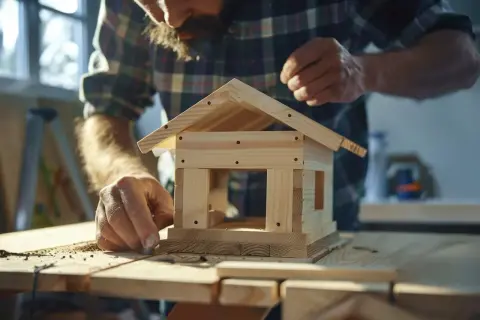 Carpintero ensambla un tejado de madera para una casita, mostrando cómo hacer un tejado con vigas de madera y tejas.