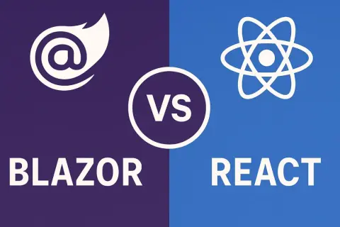 Logo Blazor i React obok siebie z napisem "VS" pośrodku.