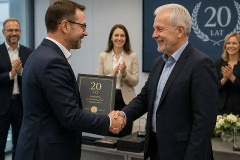 Dwóch mężczyzn w garniturach ściska sobie dłonie. Jeden z nich wręcza drugiemu ramkę z napisem "20 lat". W tle widać innych pracowników gratulujących jubilatom.