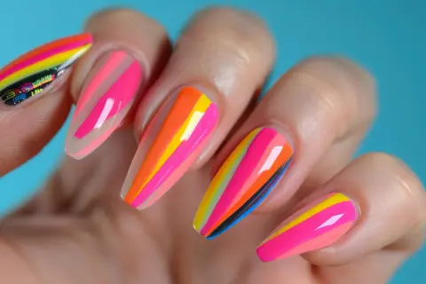 Kolorowy, neonowy manicure na lato w paski. Odcienie różu, pomarańczu, żółci i błękitu tworzą energetyczną kompozycję.