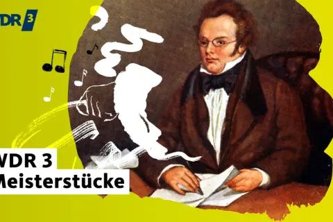 Ein Mann mit Brille und Schleife, umgeben von Noten und weißer Farbe, die an gruselige Musik erinnert. WDR 3 Meisterstücke.