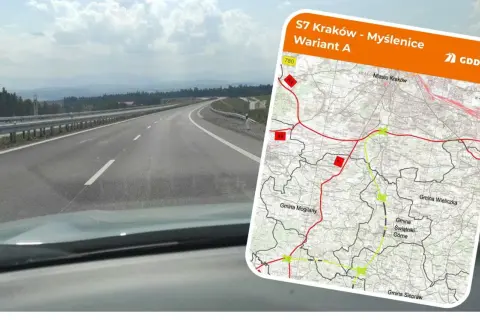 Droga S7 Kraków - Myślenice, wariant A, z mapą przebiegu trasy i widokiem na pustą autostradę.
