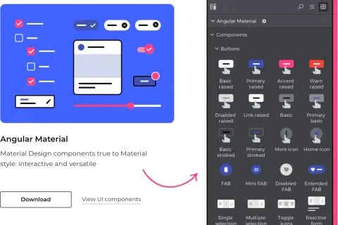 Composants Angular Material avec des éléments angulaires, incluant des boutons et des sélecteurs, présentés dans une interface de bibliothèque de design.