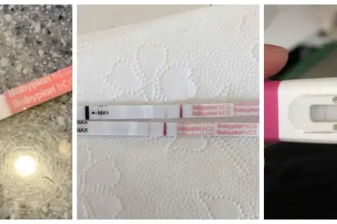 Tre graviditetstest visar ett svagt positivt resultat. En svag rosa linje syns på alla tre testen.