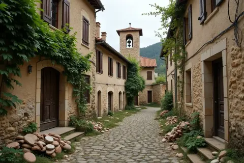 Ruelle pavée d'un village abandonné, envahie par la végétation. Une tour de cloche se dresse au loin, témoin silencieux d'un passé révolu.
