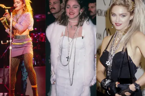 Madonna w stylizacjach impreza w stylu disco: fioletowa spódniczka, koronkowy top, biała futrzana kamizelka i czarna sukienka z mnóstwem naszyjników.