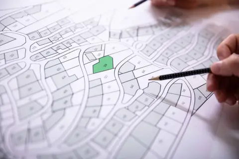 Des parcelles sont dessinées sur des matrices cadastrales, une est mise en évidence en vert. Des mains tiennent des crayons pour étudier le plan.