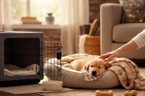 Un cachorro dorado duerme plácidamente en su cama, acurrucado bajo una manta. Una mano acaricia su cabeza, demostrando cómo dormir a un cachorro de 2 meses con ternura y seguridad.