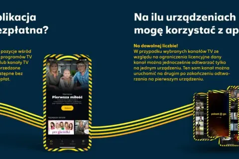 Grafika przedstawia ekran telefonu z aplikacją Polsat Go, na którym widać okładki seriali i filmów.